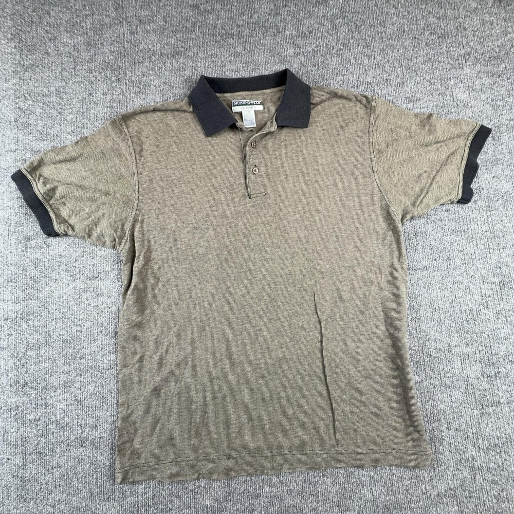 Munsingwear Polo Shirt Mens Large Brown Check Cotton Knit Short Sleeve Casual